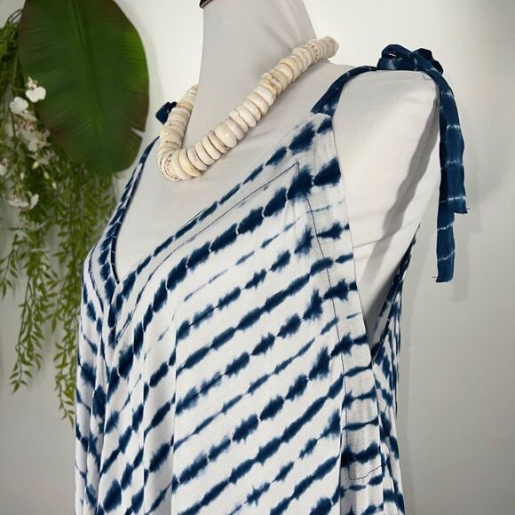 The Pō`alima Romper Blue/White V-Neck V Back Shoulder Tie  Boho Gypsy  Wide Leg - Picture 10 of 15